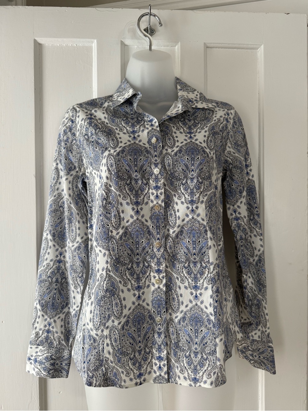 Talbots White Button-Down Shirt with Blue Paisley Print